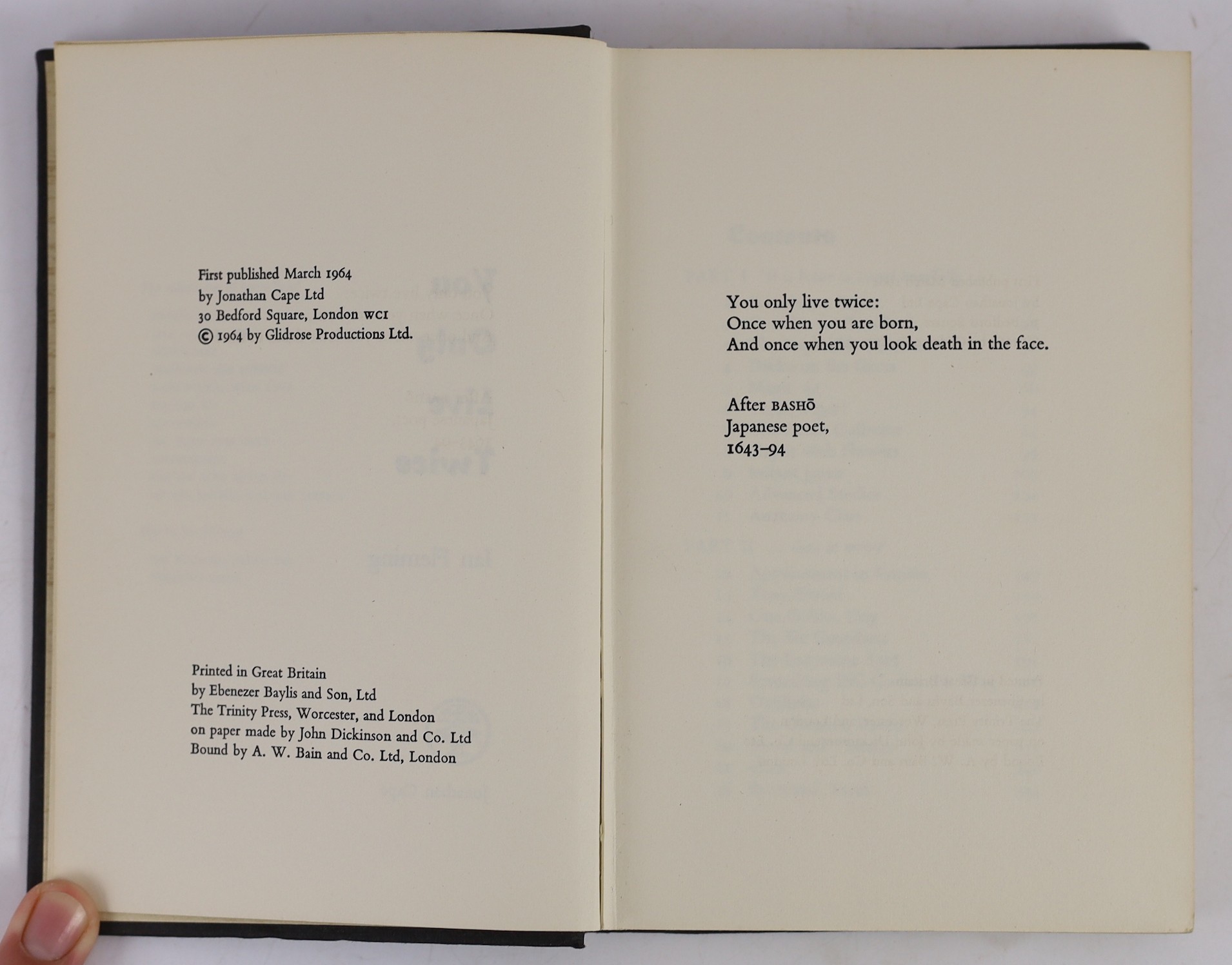Fleming, Ian - You Only Live Twice, 1st edition, 8vo, cloth in unclipped d/j, Jonathan Cape, London, 1964